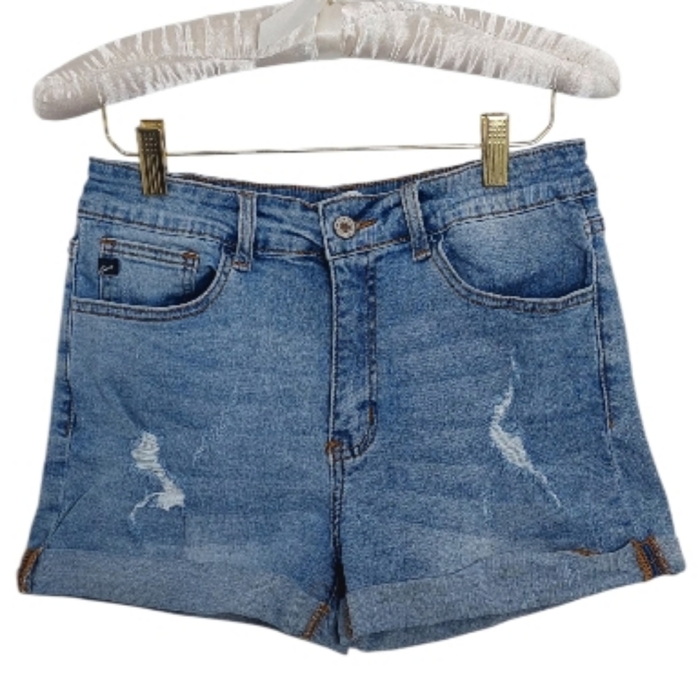 Kancan Women's Size 9 28 Demin Shorts Blue Cuffed Hem Distressed High Waisted